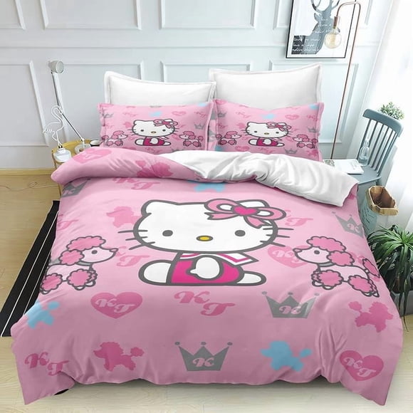 Printed Duvet Quilt Cover Hello Bedding Bed Set Kitty Soft Comforter Microfiber with Zipper Closure Great Match with Any Home Decor