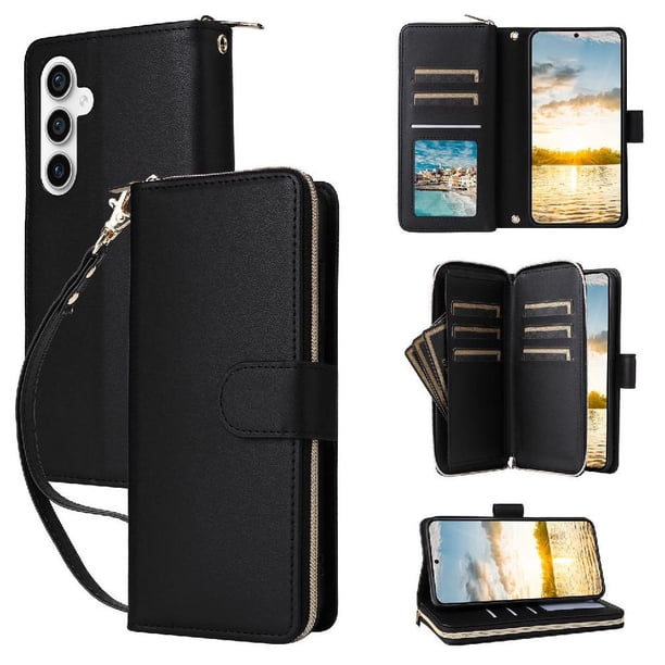 Funda Cartera con Cremallera y Correa para Samsung Galaxy S23 FE Soporte y Tarjetero Negro