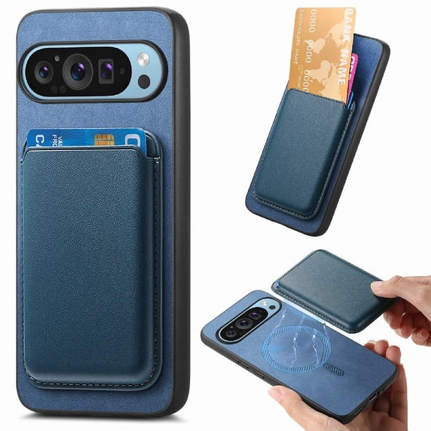 Funda de Cuero Magnética con Tarjetero para Google Pixel 9 Pro XL Cubierta Delgada Azul