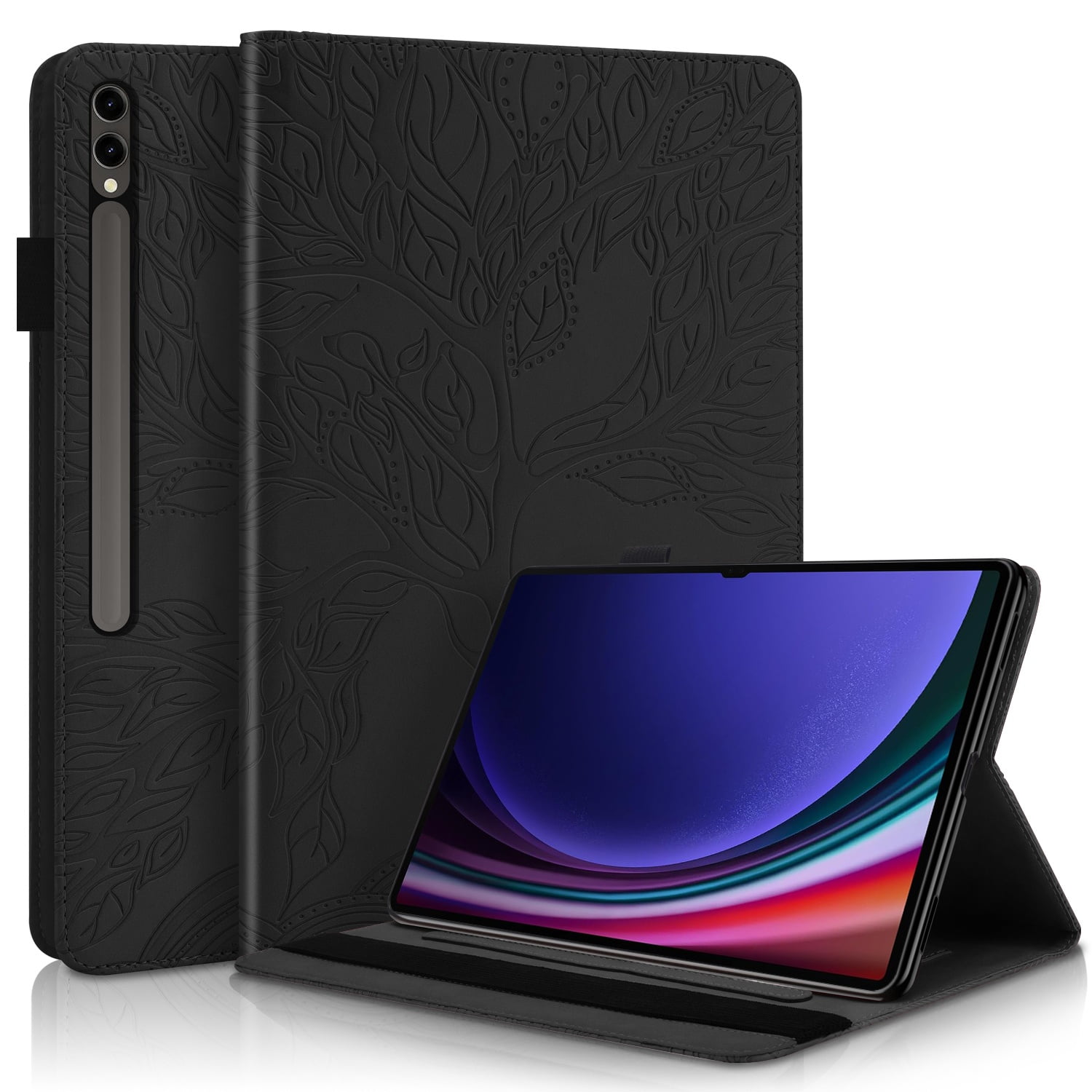 Foxdock - Funda Con Relieve Del Árbol De La Vida Para Tablet Samsung Galaxy Tab S9/8 Ultra Con Soporte, Ranuras Para Tarjetas Y Soporte Para Lápiz Óptico. Negro