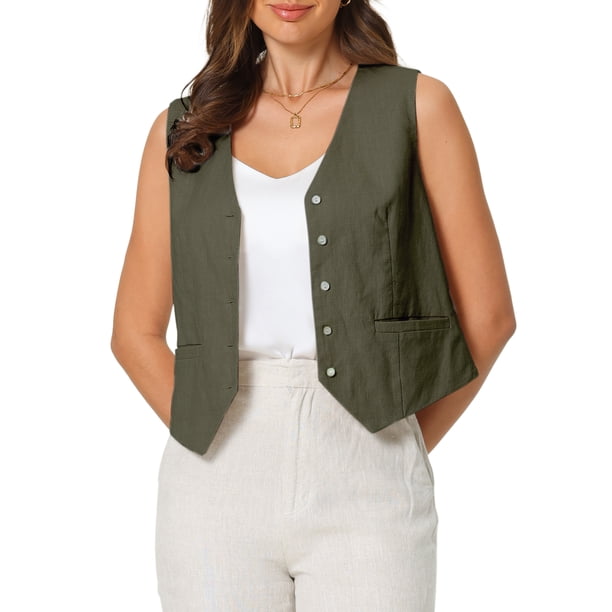 INSPIRE CHIC Chaleco de Lino para Mujer sin Mangas con Botones en el Cuello en V Formal para el Trabajo Talla 2XL Verde Oliva