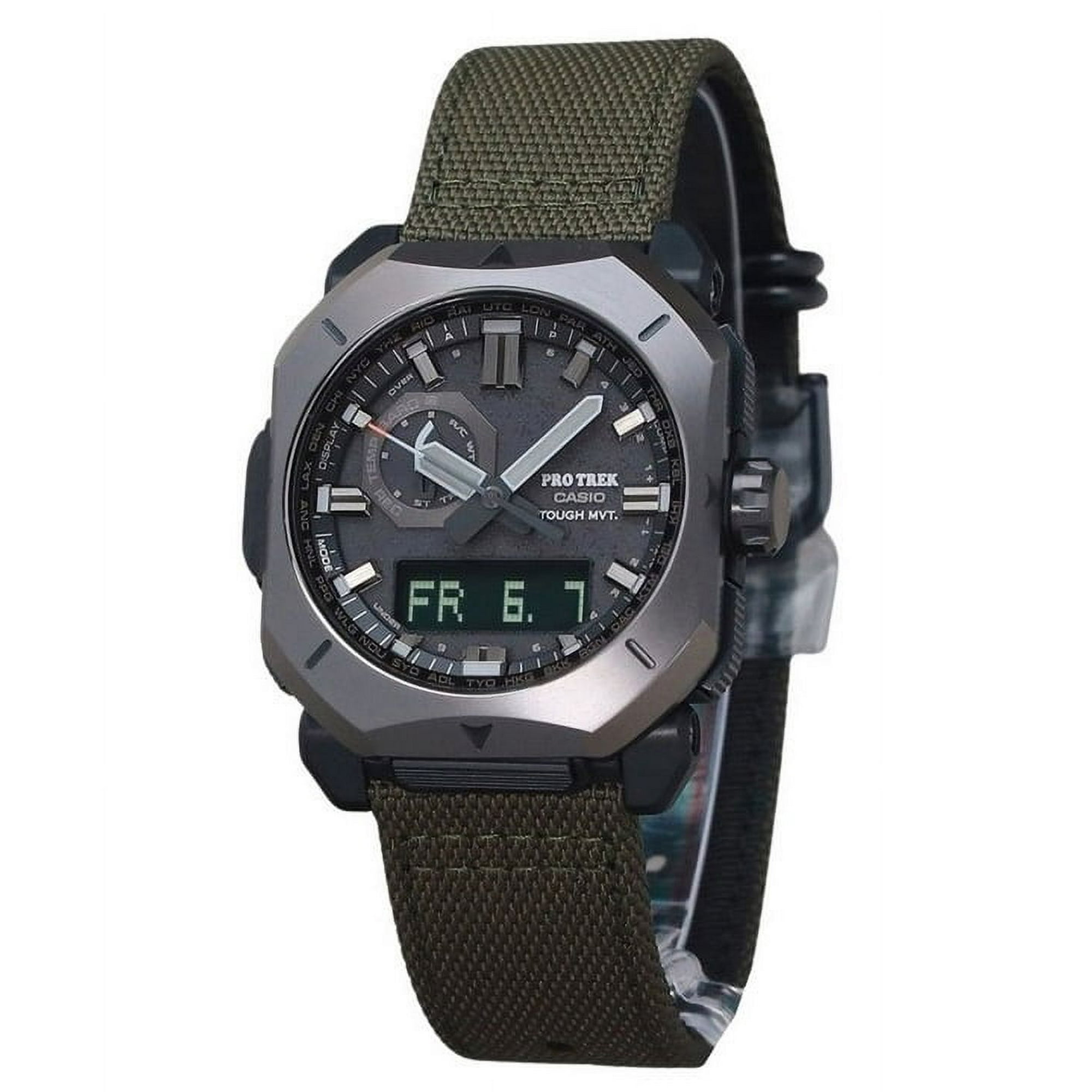 Casio - Reloj Análogo Digital Para Hombre Protrek Correa De Tela Cordura Verde Dial Gris Tough Solar Prw-6900yb-3 100m