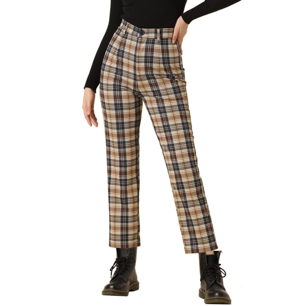 Pantalones de Mujer a Cuadros de Cintura Alta Tartan Cuadriculados para Trabajo Casual en Oficina y Uso Diario M Marrón Oscuro