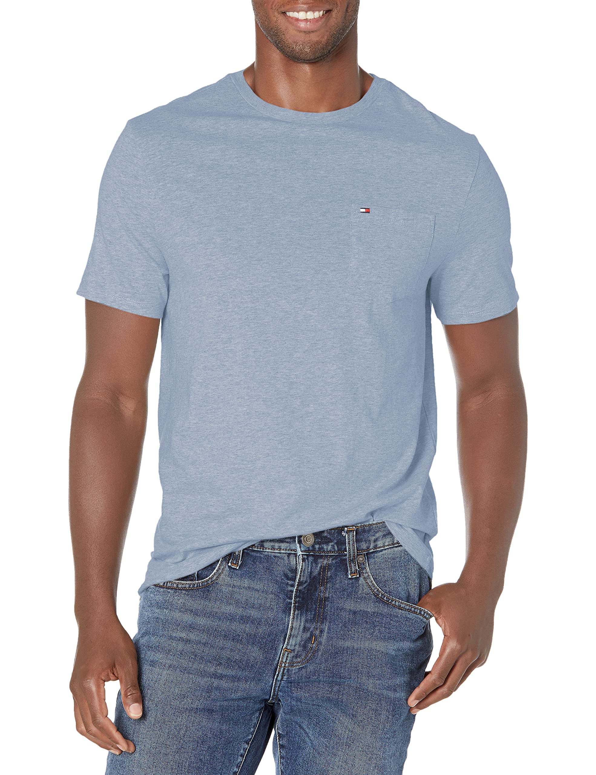 Camiseta Tommy Hilfiger Para Hombre, Cuello Redondo, Bolsillo, Azul Málaga Xs