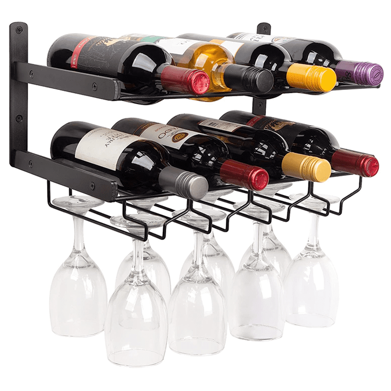 Wakeshome - Rack De Almacenamiento De Vino Estante Flotante 2 Niveles Soporte Para Botellas De Vino Y Copas