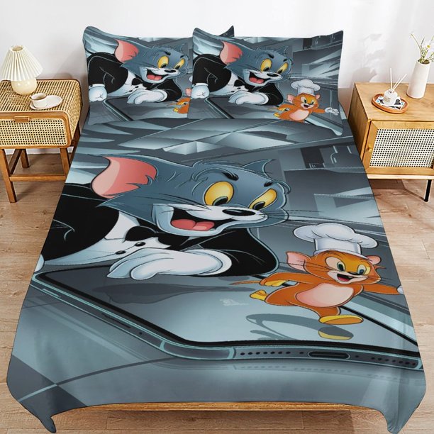 Tom And Jerry Cartoon Bedding Sets Ultra Soft Skin-Friendly Duvet Cover 3 Piece, Cute Comforter Cover Bed Set for Boys Girls Kids
