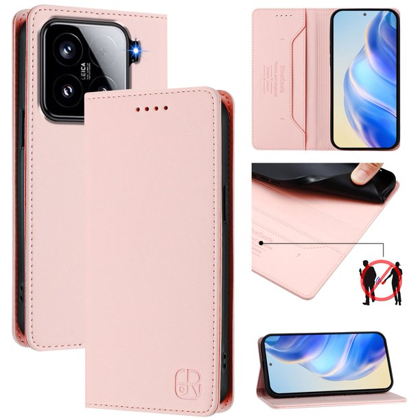 Funda Billetera con Soporte para Xiaomi 15 Bloqueo RFID Plegable Rosa