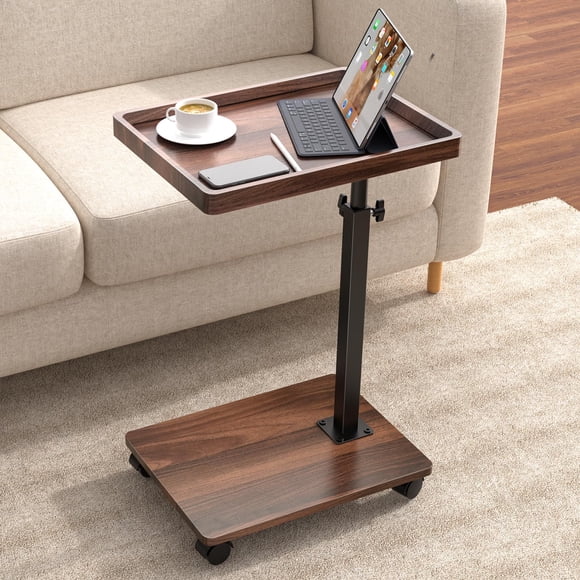 Mesa auxiliar C Table, altura ajustable, bandeja de TV giratoria de 360°, color nogal