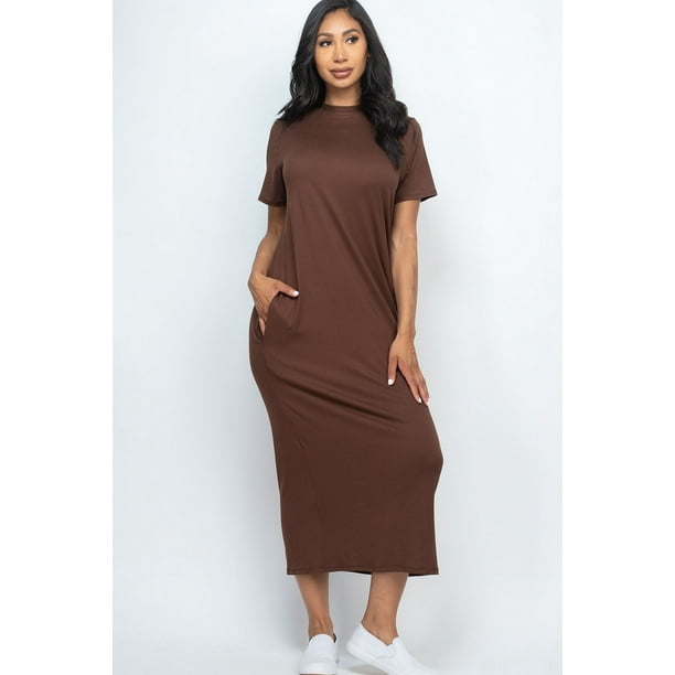 Saronite Vestido Largo Básico de Manga Corta, Color Café (para Mujer)