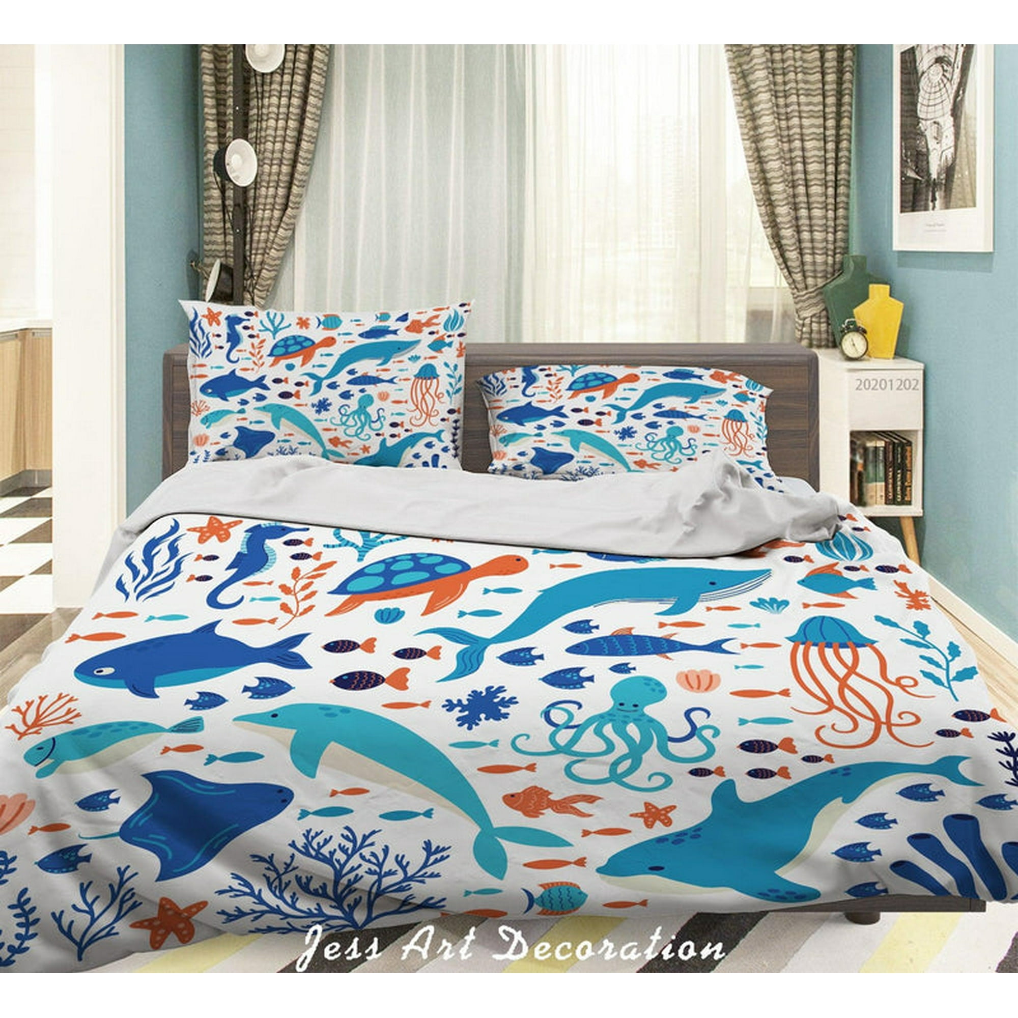 Milsleep - 3d Cartoon Colorido Océano Delfín Pulpo Ballena Pescado Algas Funda De Edredón Set