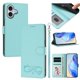 thumbnail image 1 of Funda de Cuero Tipo Billetera para Apple iPhone 16 Plus 6.7", con Tarjetero, Pulsera, Soporte a Prueba de Golpes con Relieve de Patrón Feliz, Verde Claro, For iPhone 16 Plus, 1 of 8
