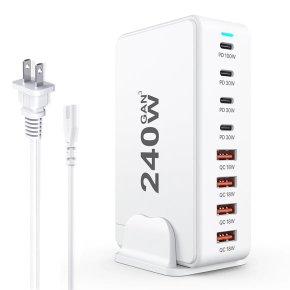 Cargador USB C, 240 W, GaN, 8 puertos, cargador rápido para Samsung/iPhone