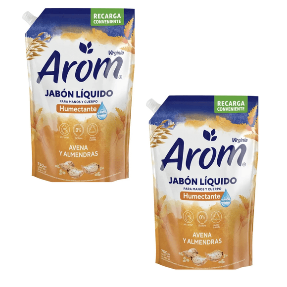 Jabon Liquido Para Manos y Cuerpo Humectante Avena y Almendra Arom 750 ml Pack 2 Unidades