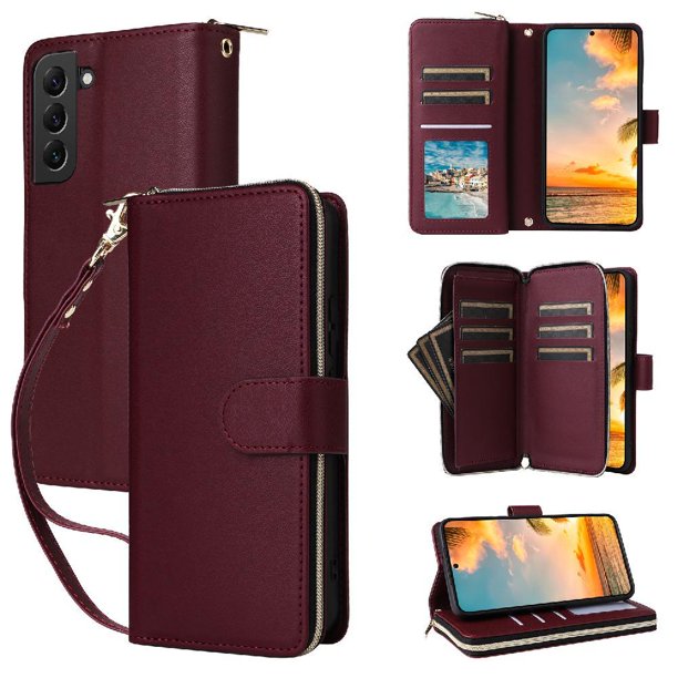 Funda Cartera con Cremallera y Correa para Samsung Galaxy S22 Plus 5G Soporte y Tarjetero Rojo