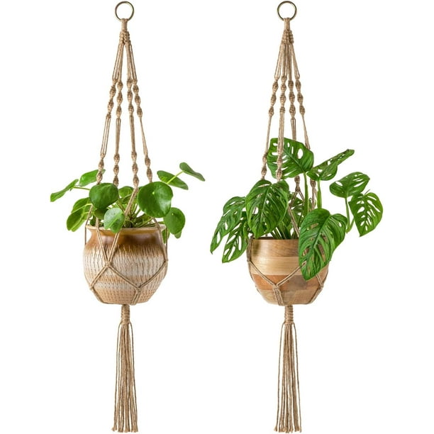 Macetas colgantes de macramé para plantas de interior, cesta decorativa para macetas, cuerda de yute para decoración del hogar interior y exterior.