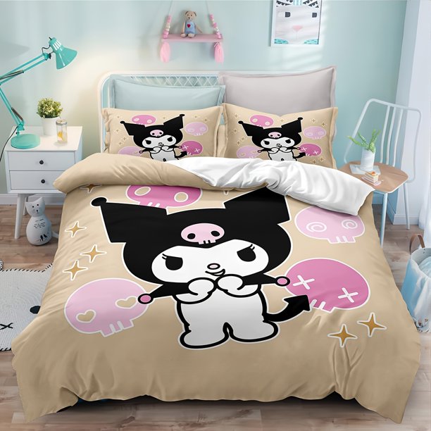 Ku-romi 3-Pie-ce Quilt Co-ver 2 On-e Pillowcas-e Printed Cartoon-on Duvet Cover Suitable- for -ll Year- round Use-