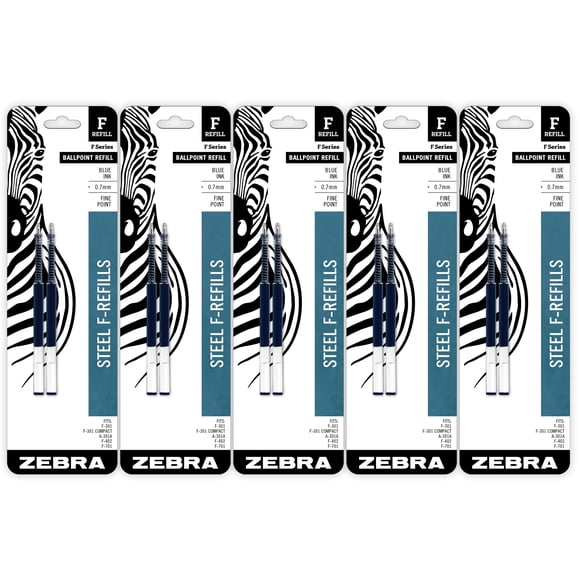 Recargas para bolígrafo Zebra Serie F, punta fina 0.7mm, tinta azul, paquete de 10