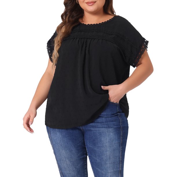 Agnes Orinda Blusas de Mujer Tallas Grandes Chiffon Swiss Dots Mangas Cortas Encaje Crochet Blusa Plisada 2X Negro
