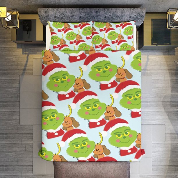 Christmas Cartoon Grinch 3 Pieces Duvet Cover Set Full Size Super Soft Fade Resistant Microfiber