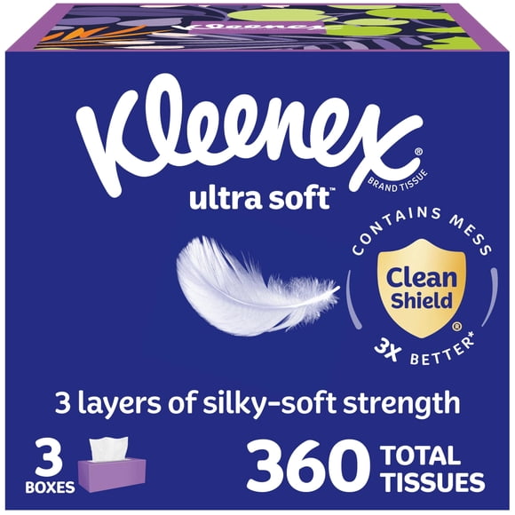 Kleenex Ultra Soft Pañuelos Faciales de 3 Capas, 360 Pañuelos, 3 Cajas
