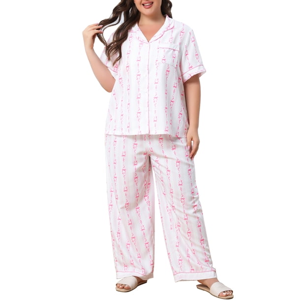 Agnes Orinda Conjunto de Pijama de Talla Grande para Mujer con Botones, Lazo Lindo, Estampado de Rayas, Manga Corta, Parte Superior y Pantalones Largos, Ropa de Dormir Suave de 2 Piezas 1X Rosa