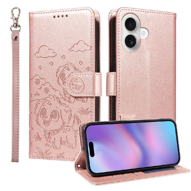 Funda Cartera para iPhone 17 Perro Cachorro Grabado con Tarjetas Soporte Correa Rosa