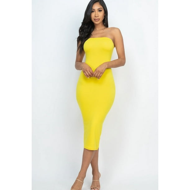 Saronite Vestido Midi Básico Ajustado sin Tirantes, Amarillo (para Mujer)