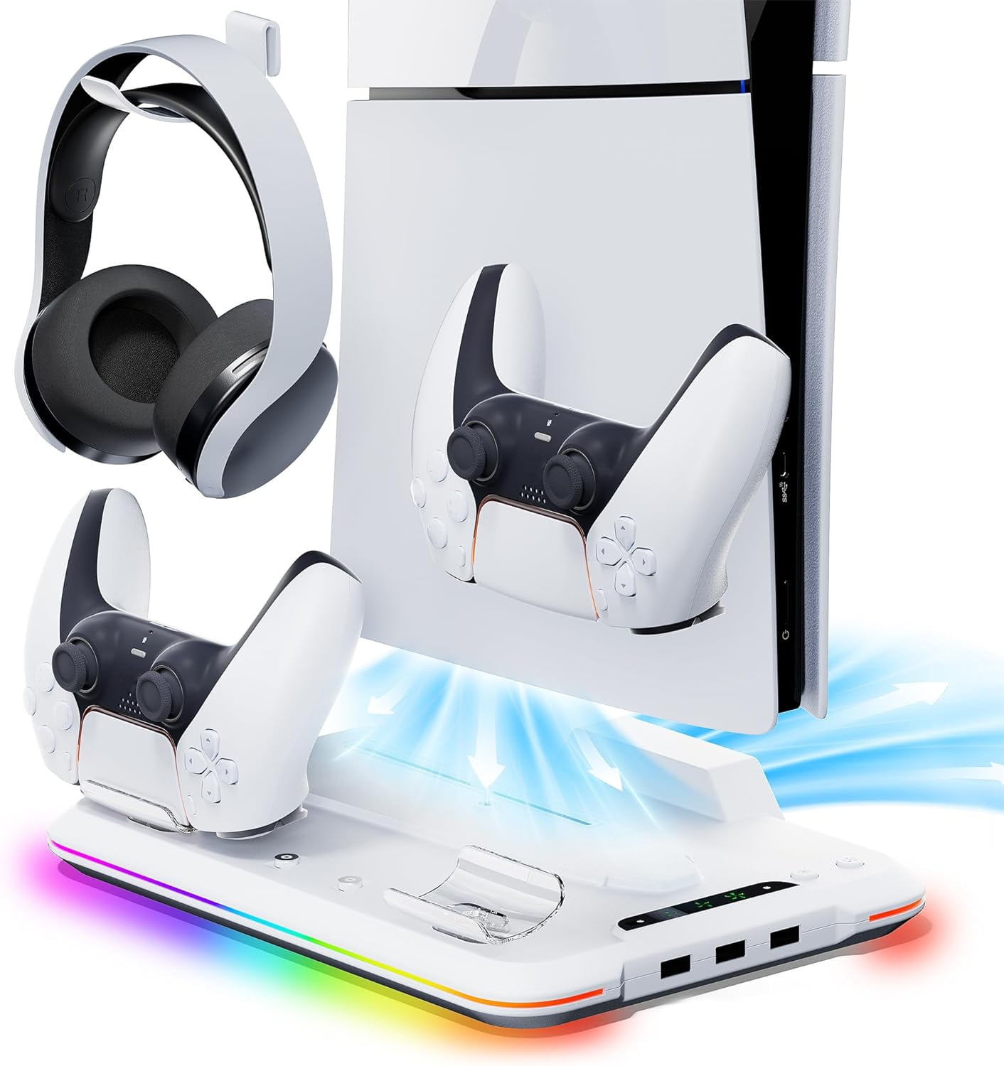 Base De Estación De Enfriamiento Aaronmei Para Ps5 Slim Con Estación De Carga Para Dos Controles Blanco