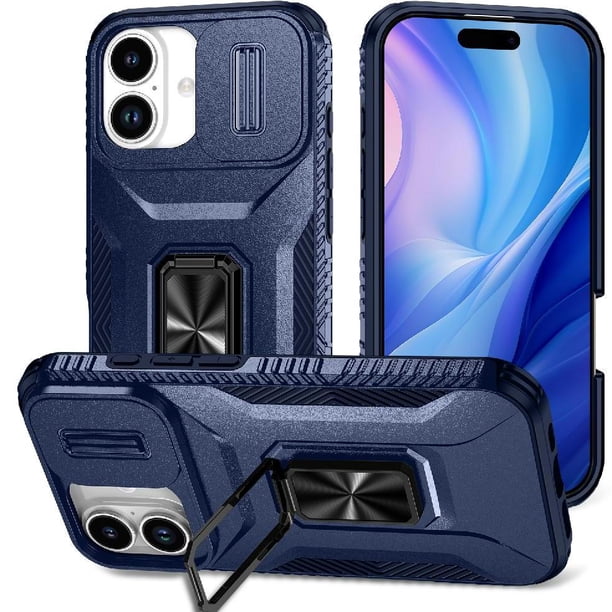 Funda Armada para iPhone 17 con Tapa Deslizante y Soporte Magnético Giratorio Azul