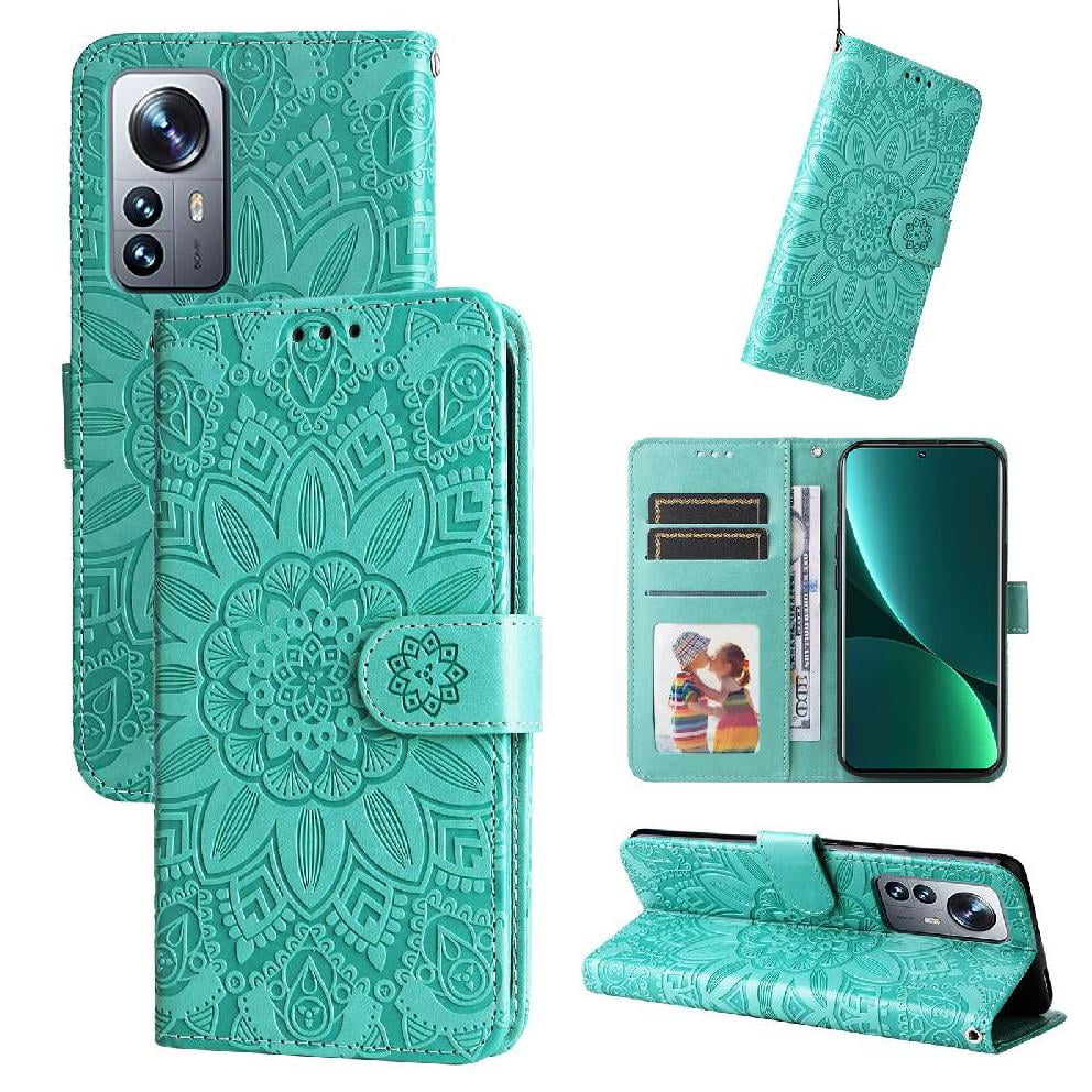 Funda Tipo Cartera Foxdock Para Xiaomi 12 Pro , Diseño Girasol En Relieve, Cuero Pu, Cierre Magnético, Soporte Y Tarjetero