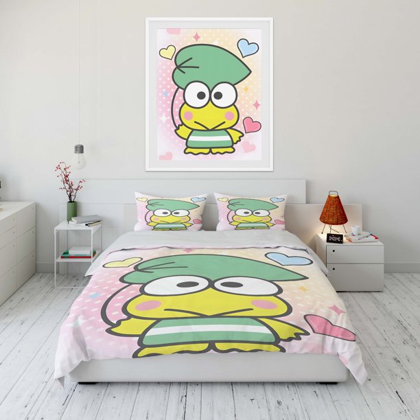 v2361 Bed Sheets Keroppi Printed Soft Bedding Set Cartoon Anime Duvet Cover Comforter Cover Boys Girls Children Adults Twin King 3-Piece Bedding Set (1 Duvet Cover + 2 Pillow Shams) Bed Sheets ju2361