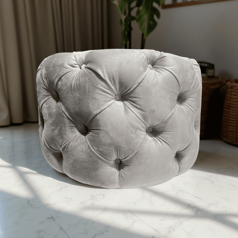 Muebles New - Puff Redondo Capitone Grande Gris Felpa