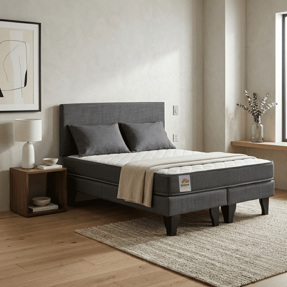Cama 2 plazas con colchón 21 cm y respaldo gris – base matrimonial tapizada