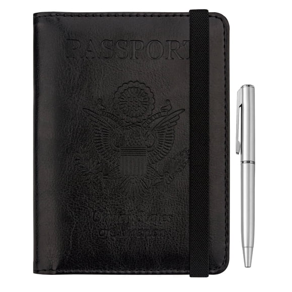 Funda de pasaporte WALNEW RFID de piel sintética con bolígrafo para viajes