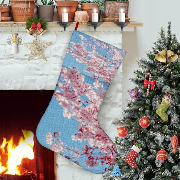 Flor de Cerezo Tema: Calcetines de Navidad, fino lino blanco para colgar en escaleras y chimenea, decoración navideña para el hogar, regalo de Navidad. 45cm × 32cm