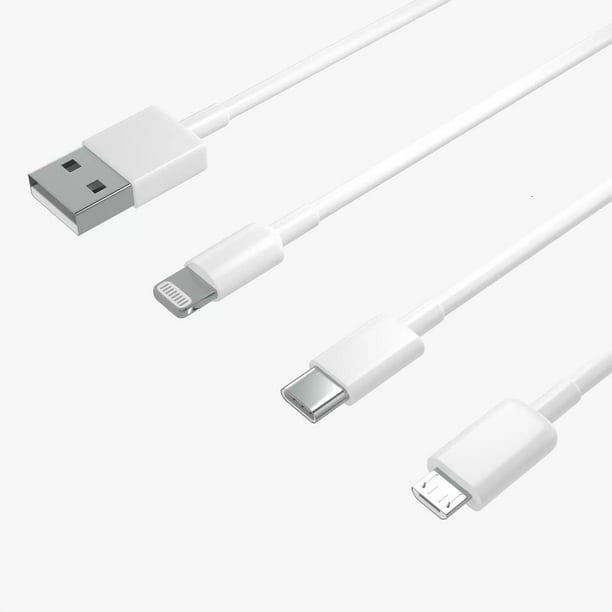 Cable De Carga Para Celular Carga Rápida 3 Salidas Puntas Incluidas 3 en 1 2.4A Reforzado 1 mt. compatible para Iphone Micro Usb y Tipo C