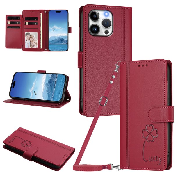 Funda Cartera Trébol para iPhone 13 Pro con Ranuras Tarjetas y Carga Inalámbrica Rojo