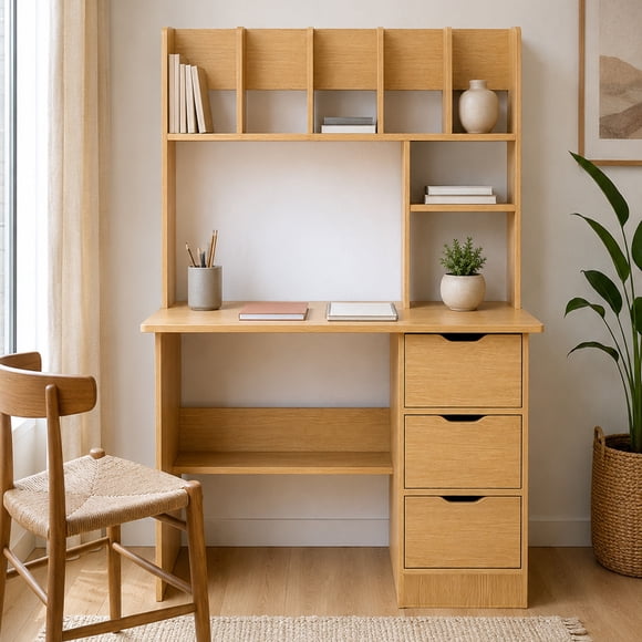 Escritorio con Estantería 100x48x140 cm Madera Nórdico 3 Cajones Funcional y Elegante