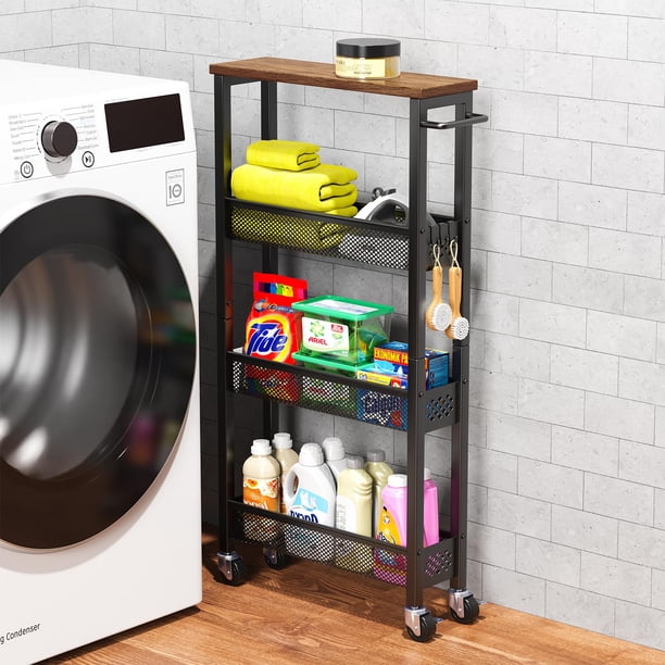 Carrito de Almacenamiento Delgado XYZLVSI de 4 Niveles, Carrito Estrecho con Ruedas para Cocina, Unidad Móvil de Estantería con Tapa de Madera y Asa de Metal para Cocina, Baño y Lavandería