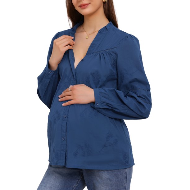 INSPIRE CHIC Camisas de Maternidad para Mujer con Botones, Manga Larga, Algodón Jacquard, Blusa Semitransparente para Embarazo, Trabajo de Oficina, L Azul