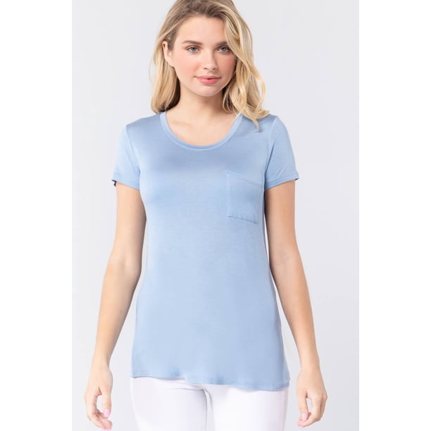 Saronite Camiseta Básica de Manga Corta con Cuello Redondo y Bolsillo, Azul Hielo (para Mujer)