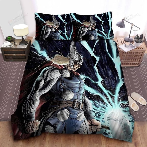 Marvel Powerful Thor With Thunder Mjolnir In Comic Art Quilt Duvet Cover Set3-Piece Bedding Set
