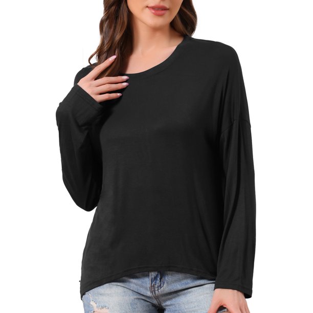 INSPIRE CHIC Camisetas de Loungewear para Mujer de Manga Larga con Hombro Caído Sobredimensionado y Dobladillo Alto Bajo Cuello Redondo Camisetas de Ropa Interior para Dormir L Negro