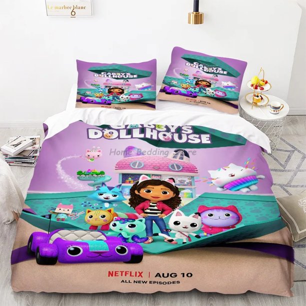 Cartoon Gabby Dollhouses Duvet Cover Set,Harajuku Gabby Dollhouse Bedding Set,Children Cartoon Pillowcase Kids Cute Bedding Set Bed Sheets
