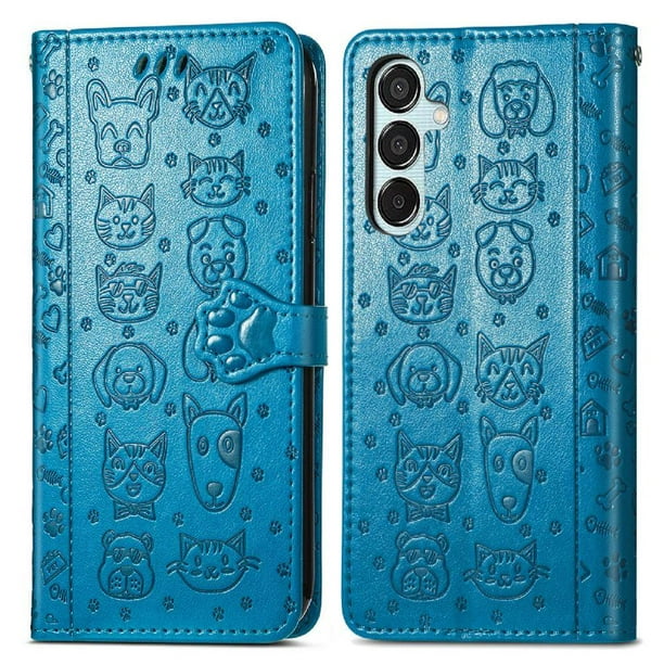 Funda Cartera FOXDOCK para Samsung Galaxy M15 , Flip PU con Relieve de Gatos y Perros, Tarjetero y Soporte