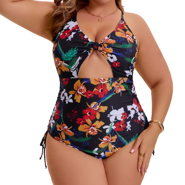 Agnes Orinda Traje de Baño de Una Pieza para Mujer Tallas Grandes Escuela Colegio Estampado Tirantes Cruzados Control de Abdomen Traje de Baño Monokini con Recortes 3X Amarillo Rojo Floral