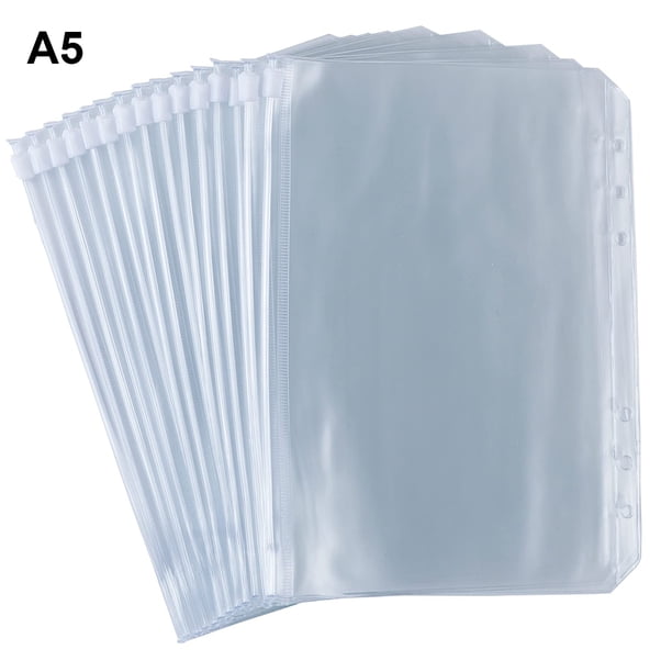 Paquete de 15 bolsillos A5 para carpetas, de PVC transparente, con 6 orificios y cremallera, impermeables, para guardar dinero y presupuesto.
