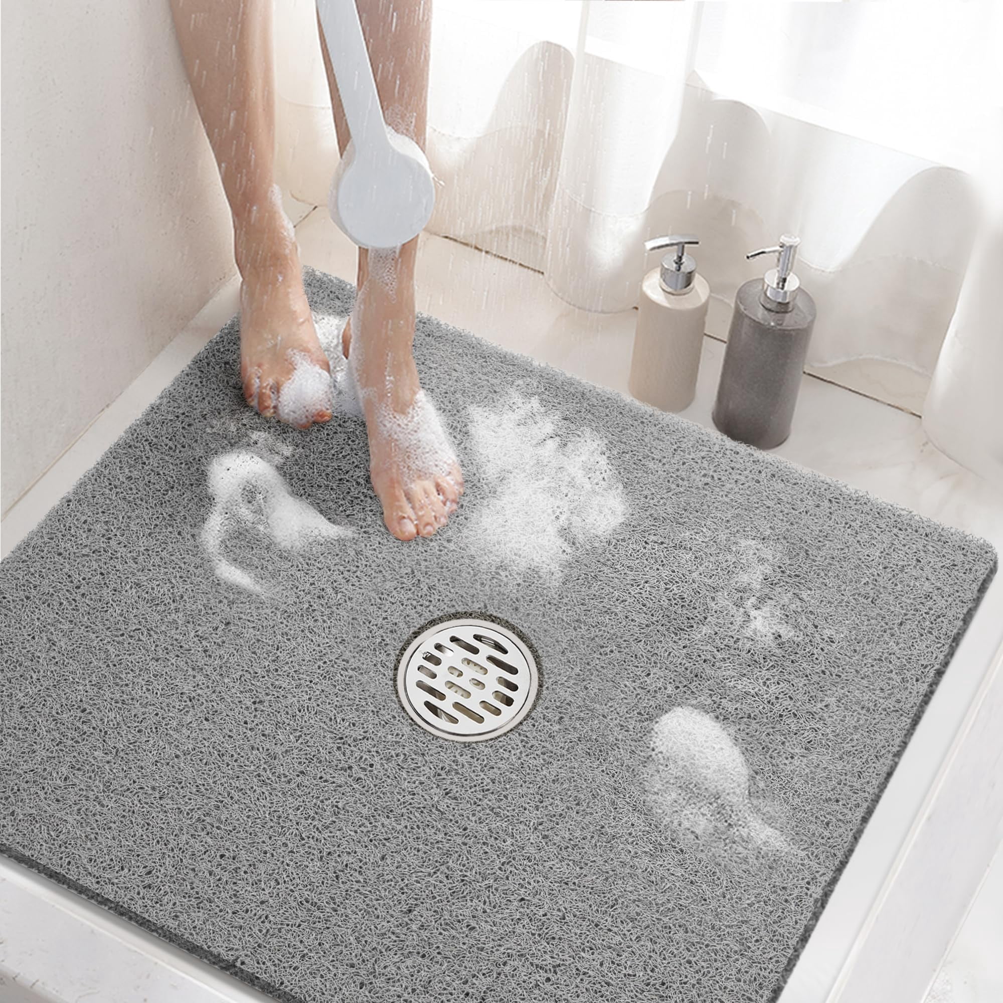 Alfombra De Ducha Hitslam Cuadrada De 60 X 60 Cm, Antideslizante, De Pvc Blando, Color Gris