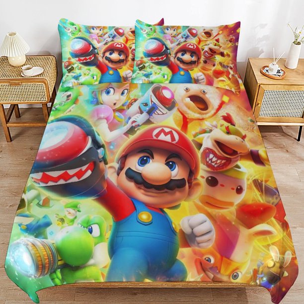 Super Mario 3-Piece Comforter Set for Bedroom Super Mario Bedding Set for Kids Adults Soft Microfiber Duvet Cover Set with Zipper Closure