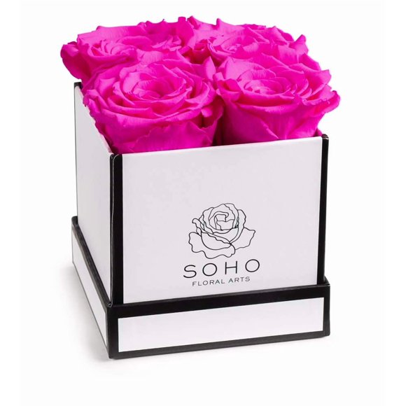 Flores preservadas, rosas en una caja, Soho Floral Arts, color blanco y rosa